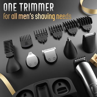 Beard Trimmer for Men, Waterproof Electric Razor, Grooming Kit | Stainless steel blades, six interchangeable heads, wet and dry use, USB rechargeable, for face body nose ear trimming, silver