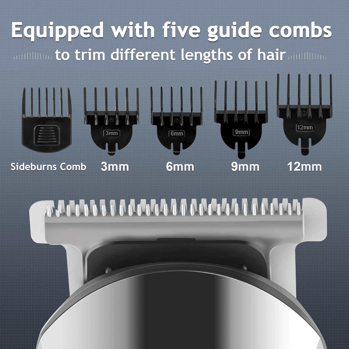 Beard Trimmer for Men, Waterproof Electric Razor, Grooming Kit | Stainless steel blades, six interchangeable heads, wet and dry use, USB rechargeable, for face body nose ear trimming, silver