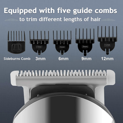 Beard Trimmer for Men, Waterproof Electric Razor, Grooming Kit | Stainless steel blades, six interchangeable heads, wet and dry use, USB rechargeable, for face body nose ear trimming, silver