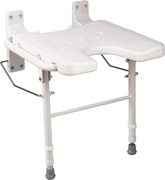 Wall Mount Fold Away Bath Chair Shower Seat Bench with Adjustable Legs, FSA and HSA Eligible, Seat 16 x 16 Inches, White