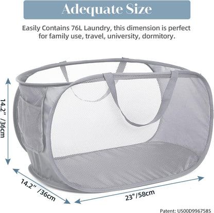 Durable Collapsible Laundry Baskets, Mesh Pop Up Laundry Hamper with Side Pocket, Foldable Clothes Storage Hamper with Reinforced Carry Handles for Laundry, Bathroom, Kids Room, Dorm or Travel Grey