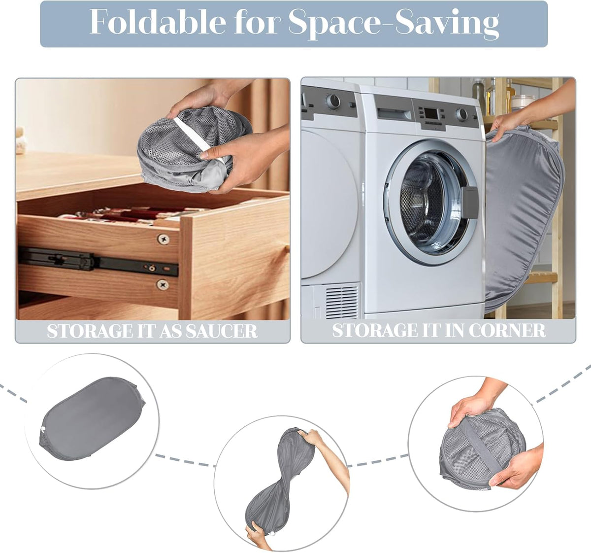 Durable Collapsible Laundry Baskets, Mesh Pop Up Laundry Hamper with Side Pocket, Foldable Clothes Storage Hamper with Reinforced Carry Handles for Laundry, Bathroom, Kids Room, Dorm or Travel Grey