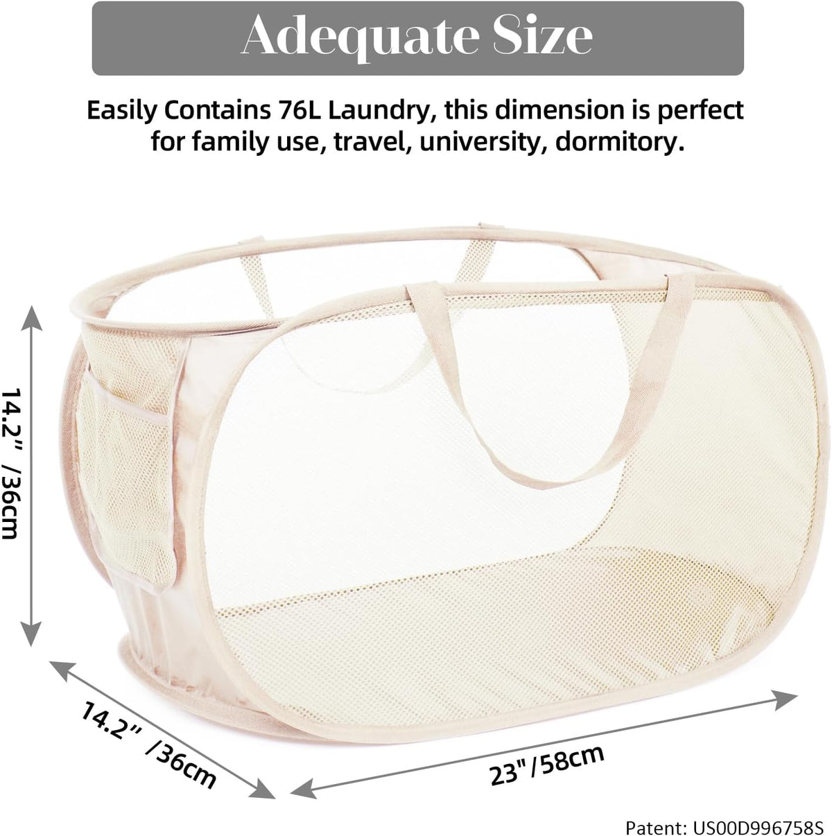 Durable Collapsible Laundry Baskets, Mesh Pop Up Laundry Hamper with Side Pocket, Foldable Clothes Storage Hamper with Reinforced Carry Handles for Laundry, Bathroom, Kids Room, Dorm or Travel Grey