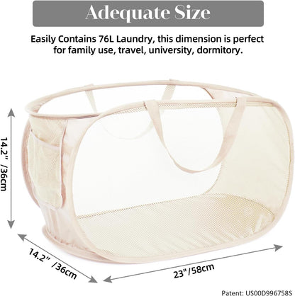 Durable Collapsible Laundry Baskets, Mesh Pop Up Laundry Hamper with Side Pocket, Foldable Clothes Storage Hamper with Reinforced Carry Handles for Laundry, Bathroom, Kids Room, Dorm or Travel Grey