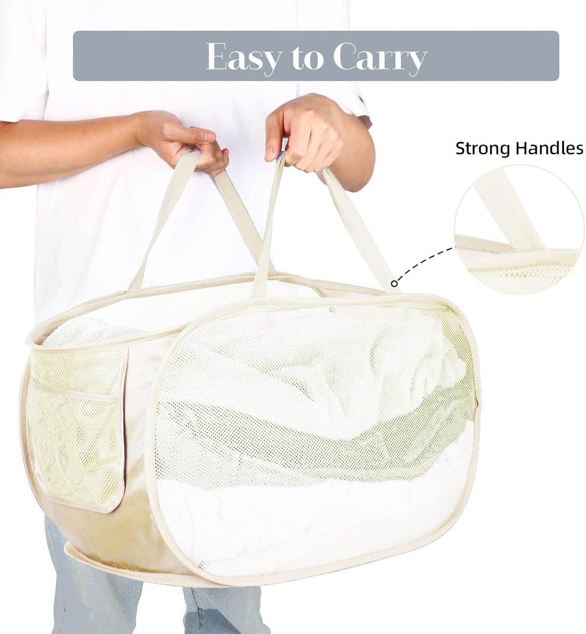 Durable Collapsible Laundry Baskets, Mesh Pop Up Laundry Hamper with Side Pocket, Foldable Clothes Storage Hamper with Reinforced Carry Handles for Laundry, Bathroom, Kids Room, Dorm or Travel Grey
