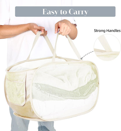 Durable Collapsible Laundry Baskets, Mesh Pop Up Laundry Hamper with Side Pocket, Foldable Clothes Storage Hamper with Reinforced Carry Handles for Laundry, Bathroom, Kids Room, Dorm or Travel Grey