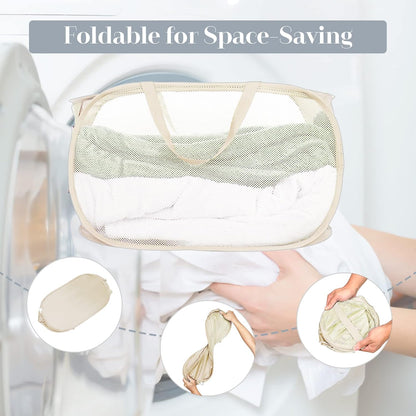 Durable Collapsible Laundry Baskets, Mesh Pop Up Laundry Hamper with Side Pocket, Foldable Clothes Storage Hamper with Reinforced Carry Handles for Laundry, Bathroom, Kids Room, Dorm or Travel Grey