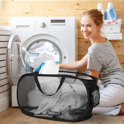 Durable Collapsible Laundry Baskets, Mesh Pop Up Laundry Hamper with Side Pocket, Foldable Clothes Storage Hamper with Reinforced Carry Handles for Laundry, Bathroom, Kids Room, Dorm or Travel Grey