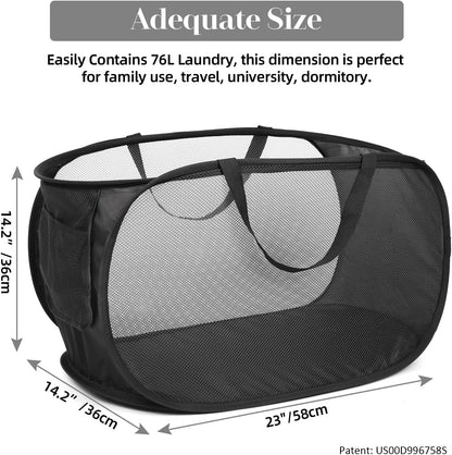 Durable Collapsible Laundry Baskets, Mesh Pop Up Laundry Hamper with Side Pocket, Foldable Clothes Storage Hamper with Reinforced Carry Handles for Laundry, Bathroom, Kids Room, Dorm or Travel Grey
