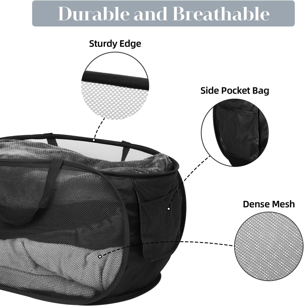 Durable Collapsible Laundry Baskets, Mesh Pop Up Laundry Hamper with Side Pocket, Foldable Clothes Storage Hamper with Reinforced Carry Handles for Laundry, Bathroom, Kids Room, Dorm or Travel Grey