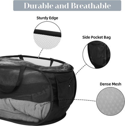 Durable Collapsible Laundry Baskets, Mesh Pop Up Laundry Hamper with Side Pocket, Foldable Clothes Storage Hamper with Reinforced Carry Handles for Laundry, Bathroom, Kids Room, Dorm or Travel Grey