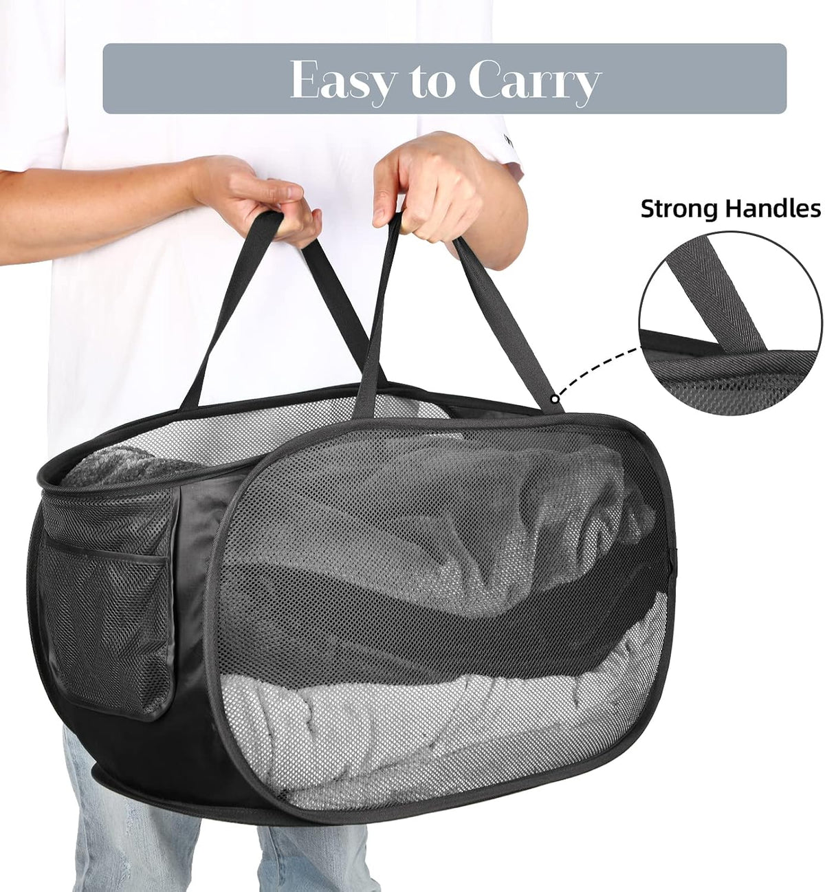 Durable Collapsible Laundry Baskets, Mesh Pop Up Laundry Hamper with Side Pocket, Foldable Clothes Storage Hamper with Reinforced Carry Handles for Laundry, Bathroom, Kids Room, Dorm or Travel Grey