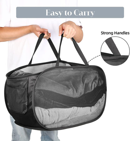 Durable Collapsible Laundry Baskets, Mesh Pop Up Laundry Hamper with Side Pocket, Foldable Clothes Storage Hamper with Reinforced Carry Handles for Laundry, Bathroom, Kids Room, Dorm or Travel Grey