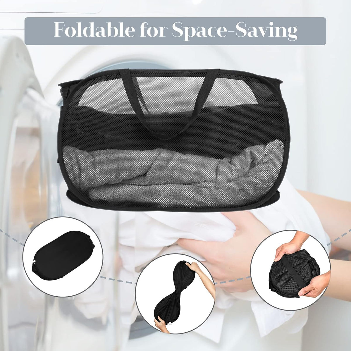 Durable Collapsible Laundry Baskets, Mesh Pop Up Laundry Hamper with Side Pocket, Foldable Clothes Storage Hamper with Reinforced Carry Handles for Laundry, Bathroom, Kids Room, Dorm or Travel Grey