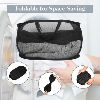 Durable Collapsible Laundry Baskets, Mesh Pop Up Laundry Hamper with Side Pocket, Foldable Clothes Storage Hamper with Reinforced Carry Handles for Laundry, Bathroom, Kids Room, Dorm or Travel Grey