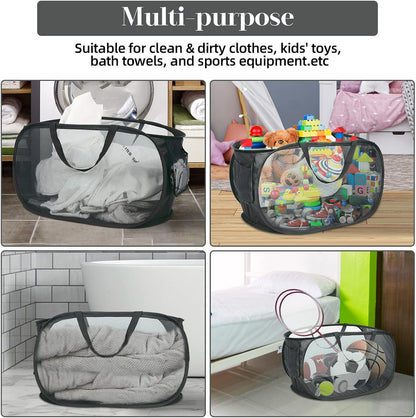 Durable Collapsible Laundry Baskets, Mesh Pop Up Laundry Hamper with Side Pocket, Foldable Clothes Storage Hamper with Reinforced Carry Handles for Laundry, Bathroom, Kids Room, Dorm or Travel Grey
