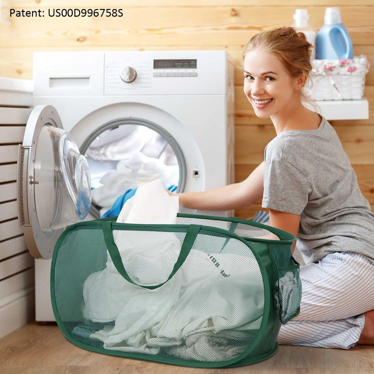 Durable Collapsible Laundry Baskets, Mesh Pop Up Laundry Hamper with Side Pocket, Foldable Clothes Storage Hamper with Reinforced Carry Handles for Laundry, Bathroom, Kids Room, Dorm or Travel Grey