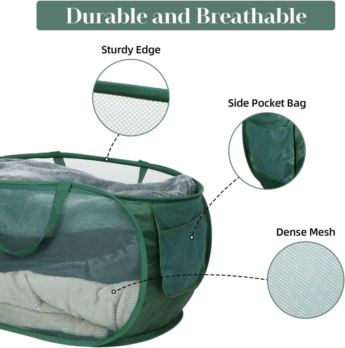 Durable Collapsible Laundry Baskets, Mesh Pop Up Laundry Hamper with Side Pocket, Foldable Clothes Storage Hamper with Reinforced Carry Handles for Laundry, Bathroom, Kids Room, Dorm or Travel Grey