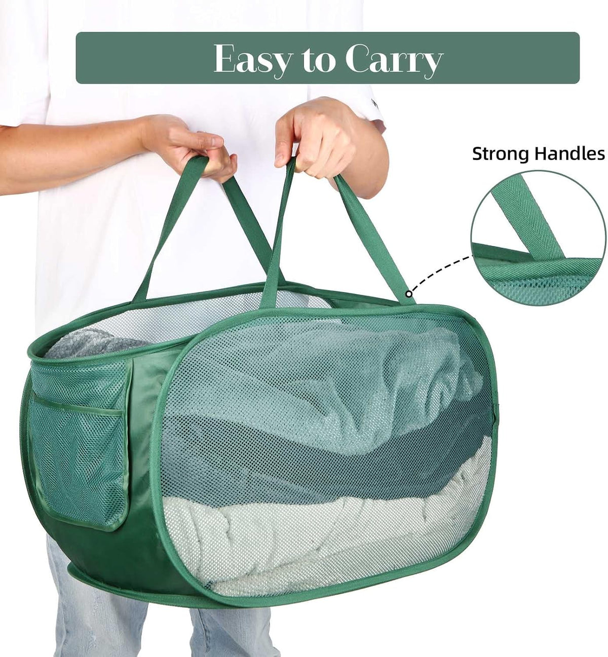 Durable Collapsible Laundry Baskets, Mesh Pop Up Laundry Hamper with Side Pocket, Foldable Clothes Storage Hamper with Reinforced Carry Handles for Laundry, Bathroom, Kids Room, Dorm or Travel Grey