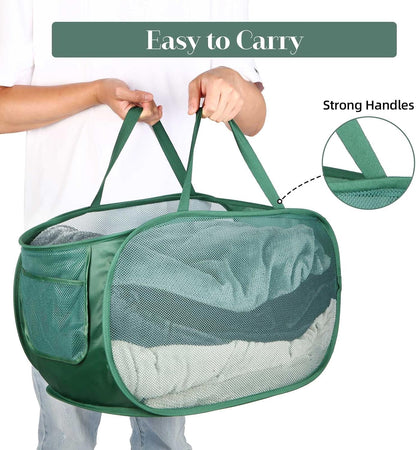 Durable Collapsible Laundry Baskets, Mesh Pop Up Laundry Hamper with Side Pocket, Foldable Clothes Storage Hamper with Reinforced Carry Handles for Laundry, Bathroom, Kids Room, Dorm or Travel Grey