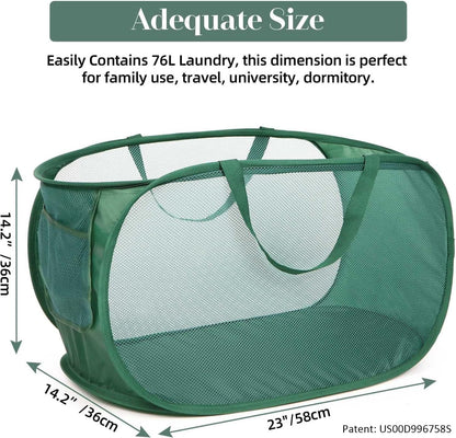 Durable Collapsible Laundry Baskets, Mesh Pop Up Laundry Hamper with Side Pocket, Foldable Clothes Storage Hamper with Reinforced Carry Handles for Laundry, Bathroom, Kids Room, Dorm or Travel Grey