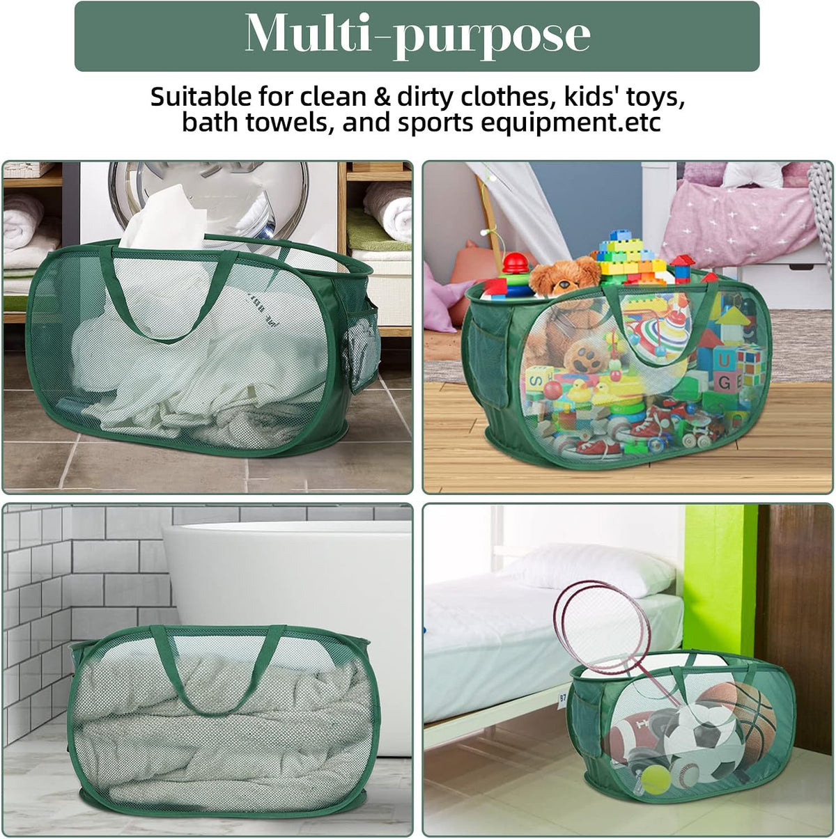 Durable Collapsible Laundry Baskets, Mesh Pop Up Laundry Hamper with Side Pocket, Foldable Clothes Storage Hamper with Reinforced Carry Handles for Laundry, Bathroom, Kids Room, Dorm or Travel Grey