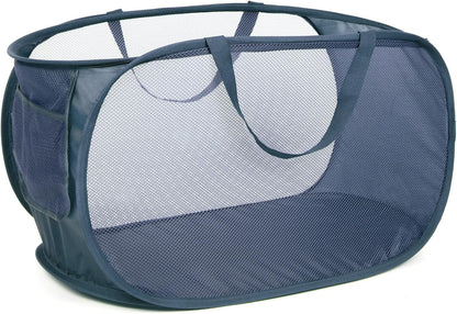 Durable Collapsible Laundry Baskets, Mesh Pop Up Laundry Hamper with Side Pocket, Foldable Clothes Storage Hamper with Reinforced Carry Handles for Laundry, Bathroom, Kids Room, Dorm or Travel Grey