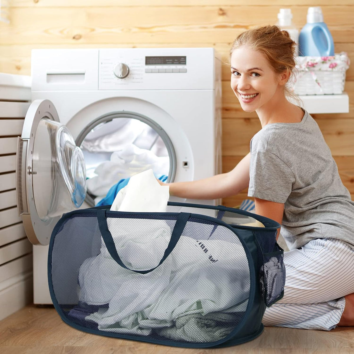 Durable Collapsible Laundry Baskets, Mesh Pop Up Laundry Hamper with Side Pocket, Foldable Clothes Storage Hamper with Reinforced Carry Handles for Laundry, Bathroom, Kids Room, Dorm or Travel Grey