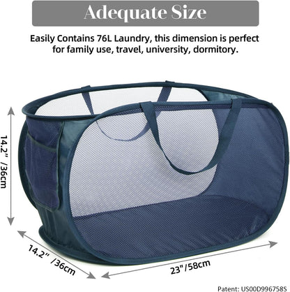 Durable Collapsible Laundry Baskets, Mesh Pop Up Laundry Hamper with Side Pocket, Foldable Clothes Storage Hamper with Reinforced Carry Handles for Laundry, Bathroom, Kids Room, Dorm or Travel Grey