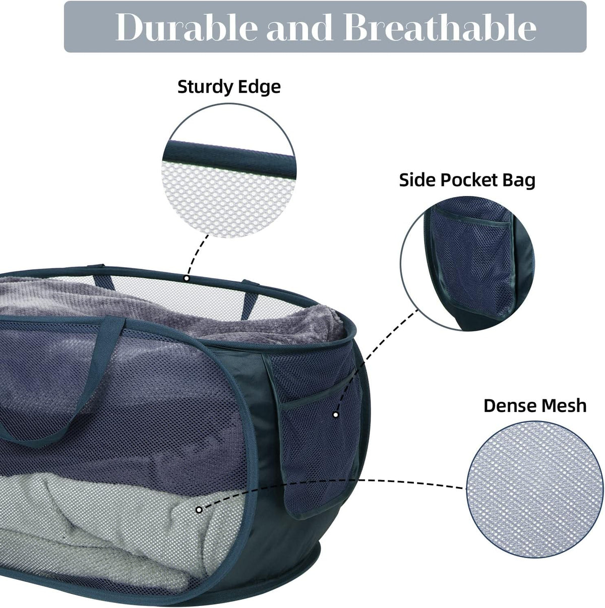 Durable Collapsible Laundry Baskets, Mesh Pop Up Laundry Hamper with Side Pocket, Foldable Clothes Storage Hamper with Reinforced Carry Handles for Laundry, Bathroom, Kids Room, Dorm or Travel Grey