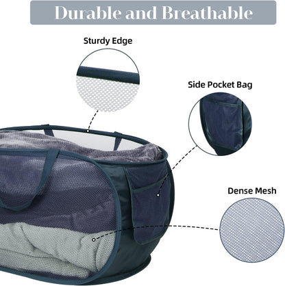 Durable Collapsible Laundry Baskets, Mesh Pop Up Laundry Hamper with Side Pocket, Foldable Clothes Storage Hamper with Reinforced Carry Handles for Laundry, Bathroom, Kids Room, Dorm or Travel Grey