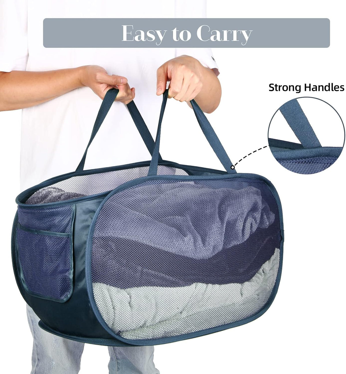 Durable Collapsible Laundry Baskets, Mesh Pop Up Laundry Hamper with Side Pocket, Foldable Clothes Storage Hamper with Reinforced Carry Handles for Laundry, Bathroom, Kids Room, Dorm or Travel Grey