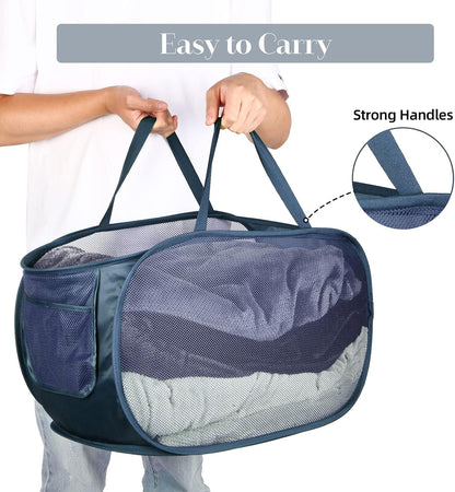 Durable Collapsible Laundry Baskets, Mesh Pop Up Laundry Hamper with Side Pocket, Foldable Clothes Storage Hamper with Reinforced Carry Handles for Laundry, Bathroom, Kids Room, Dorm or Travel Grey