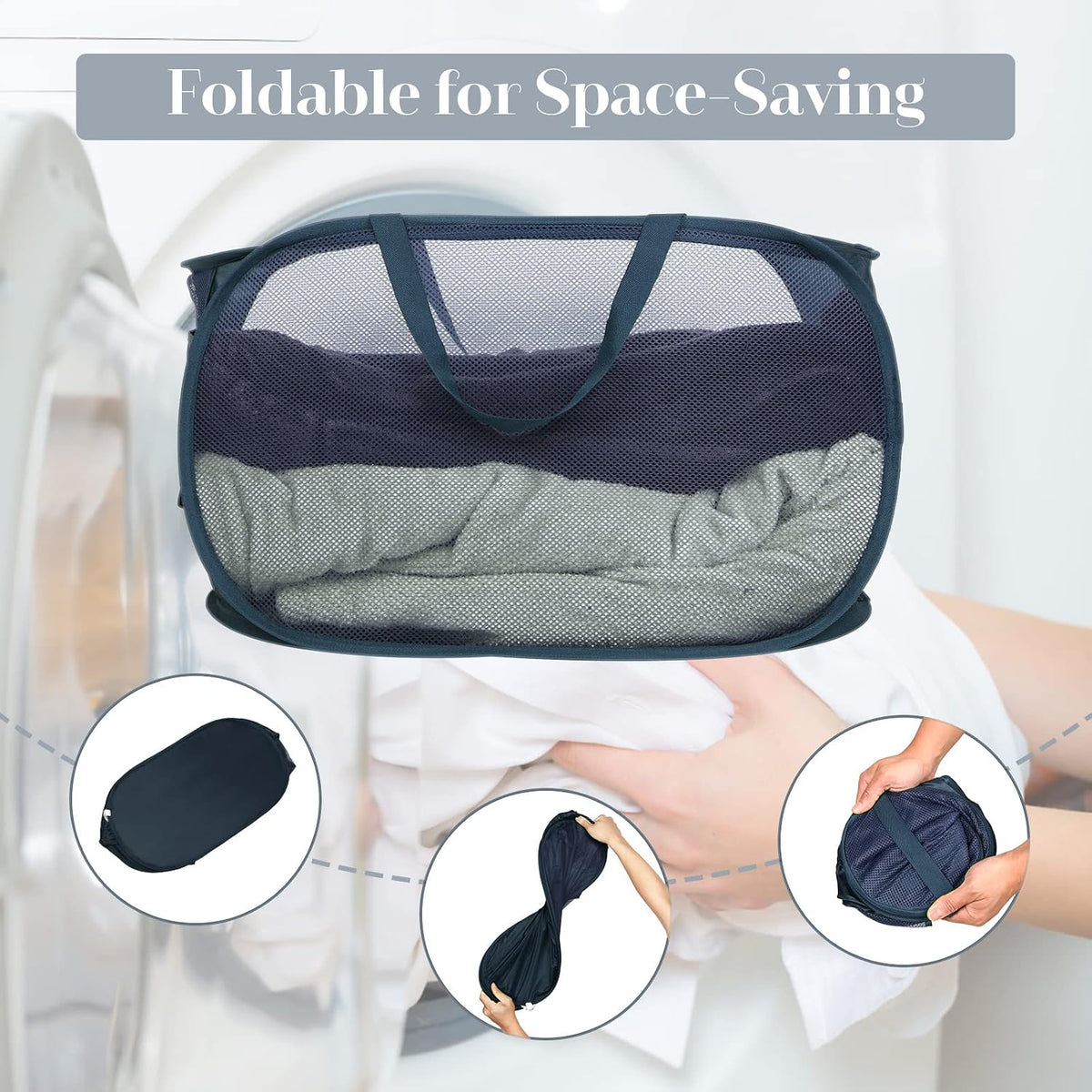 Durable Collapsible Laundry Baskets, Mesh Pop Up Laundry Hamper with Side Pocket, Foldable Clothes Storage Hamper with Reinforced Carry Handles for Laundry, Bathroom, Kids Room, Dorm or Travel Grey