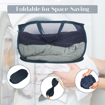 Durable Collapsible Laundry Baskets, Mesh Pop Up Laundry Hamper with Side Pocket, Foldable Clothes Storage Hamper with Reinforced Carry Handles for Laundry, Bathroom, Kids Room, Dorm or Travel Grey