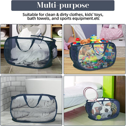 Durable Collapsible Laundry Baskets, Mesh Pop Up Laundry Hamper with Side Pocket, Foldable Clothes Storage Hamper with Reinforced Carry Handles for Laundry, Bathroom, Kids Room, Dorm or Travel Grey