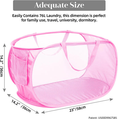 Durable Collapsible Laundry Baskets, Mesh Pop Up Laundry Hamper with Side Pocket, Foldable Clothes Storage Hamper with Reinforced Carry Handles for Laundry, Bathroom, Kids Room, Dorm or Travel Grey