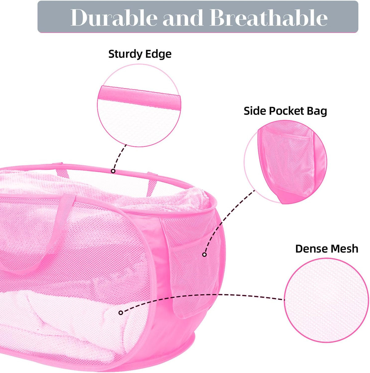 Durable Collapsible Laundry Baskets, Mesh Pop Up Laundry Hamper with Side Pocket, Foldable Clothes Storage Hamper with Reinforced Carry Handles for Laundry, Bathroom, Kids Room, Dorm or Travel Grey