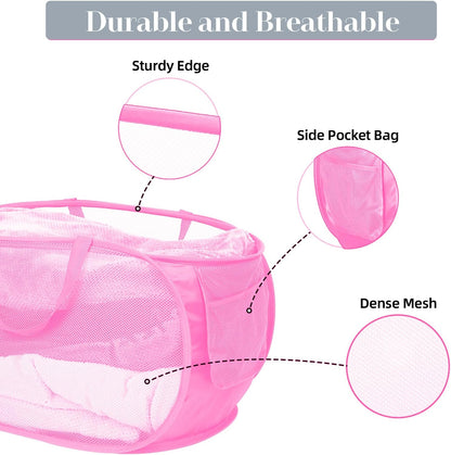 Durable Collapsible Laundry Baskets, Mesh Pop Up Laundry Hamper with Side Pocket, Foldable Clothes Storage Hamper with Reinforced Carry Handles for Laundry, Bathroom, Kids Room, Dorm or Travel Grey