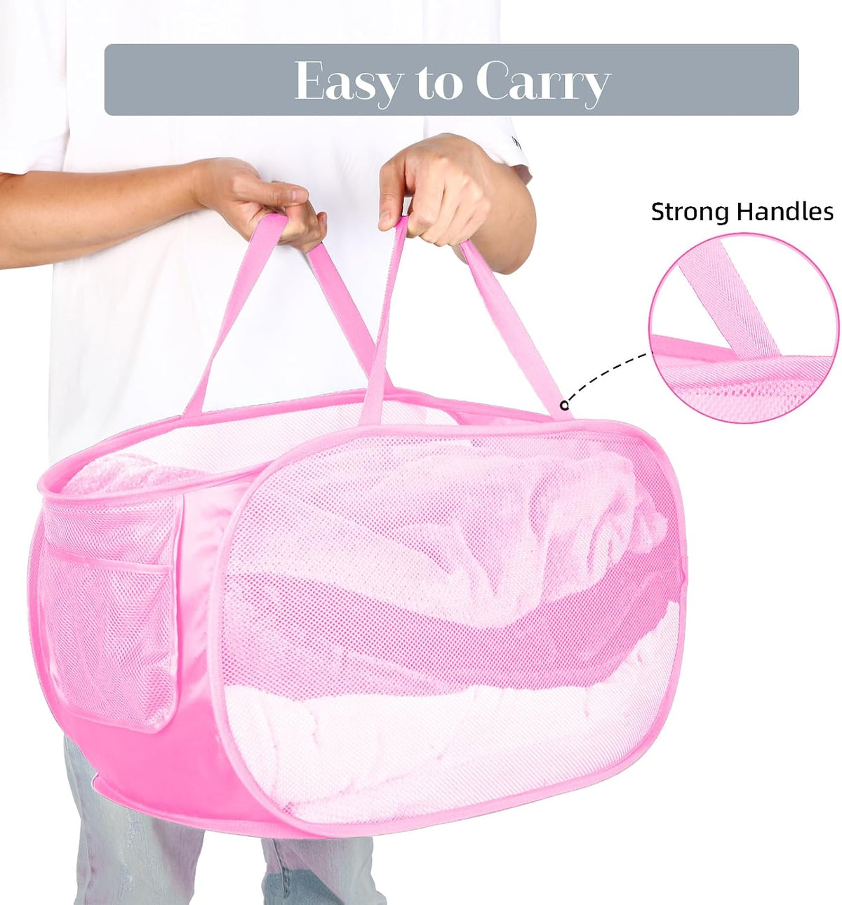 Durable Collapsible Laundry Baskets, Mesh Pop Up Laundry Hamper with Side Pocket, Foldable Clothes Storage Hamper with Reinforced Carry Handles for Laundry, Bathroom, Kids Room, Dorm or Travel Grey