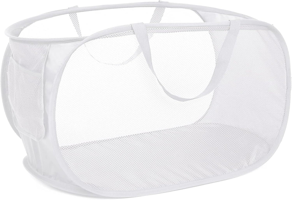 Durable Collapsible Laundry Baskets, Mesh Pop Up Laundry Hamper with Side Pocket, Foldable Clothes Storage Hamper with Reinforced Carry Handles for Laundry, Bathroom, Kids Room, Dorm or Travel Grey
