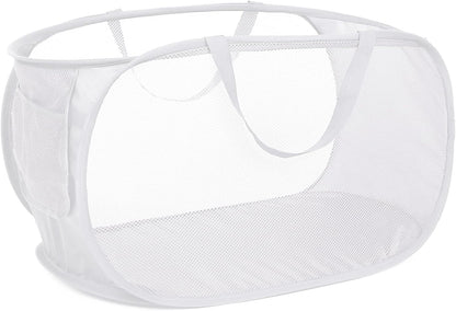 Durable Collapsible Laundry Baskets, Mesh Pop Up Laundry Hamper with Side Pocket, Foldable Clothes Storage Hamper with Reinforced Carry Handles for Laundry, Bathroom, Kids Room, Dorm or Travel Grey