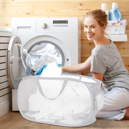 Durable Collapsible Laundry Baskets, Mesh Pop Up Laundry Hamper with Side Pocket, Foldable Clothes Storage Hamper with Reinforced Carry Handles for Laundry, Bathroom, Kids Room, Dorm or Travel Grey