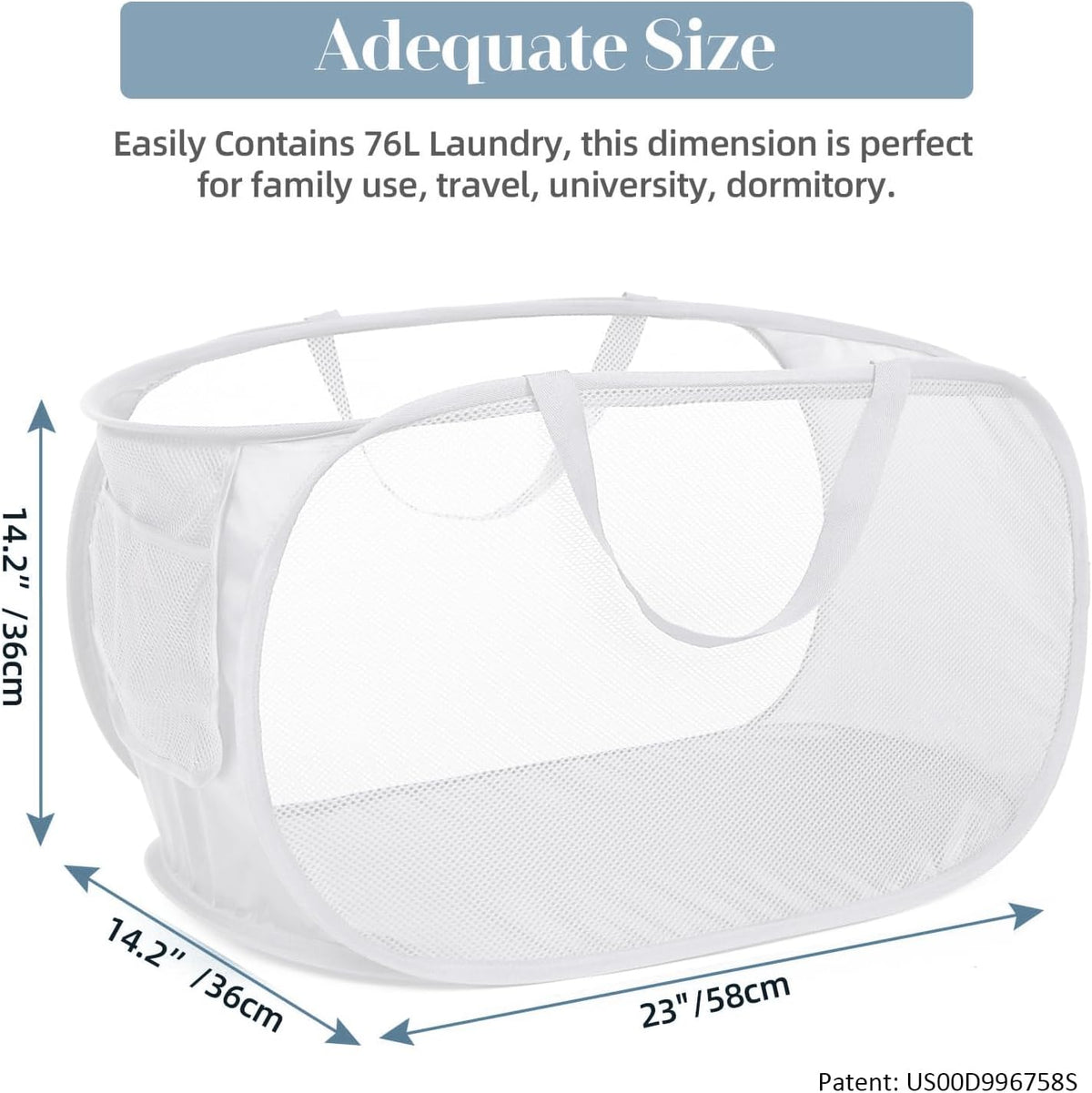 Durable Collapsible Laundry Baskets, Mesh Pop Up Laundry Hamper with Side Pocket, Foldable Clothes Storage Hamper with Reinforced Carry Handles for Laundry, Bathroom, Kids Room, Dorm or Travel Grey