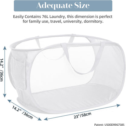 Durable Collapsible Laundry Baskets, Mesh Pop Up Laundry Hamper with Side Pocket, Foldable Clothes Storage Hamper with Reinforced Carry Handles for Laundry, Bathroom, Kids Room, Dorm or Travel Grey