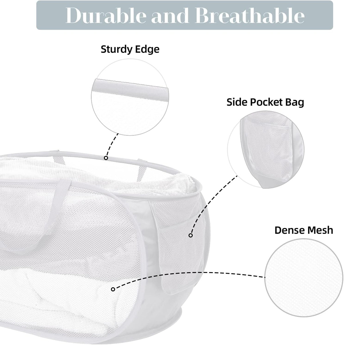 Durable Collapsible Laundry Baskets, Mesh Pop Up Laundry Hamper with Side Pocket, Foldable Clothes Storage Hamper with Reinforced Carry Handles for Laundry, Bathroom, Kids Room, Dorm or Travel Grey