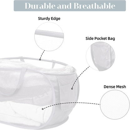 Durable Collapsible Laundry Baskets, Mesh Pop Up Laundry Hamper with Side Pocket, Foldable Clothes Storage Hamper with Reinforced Carry Handles for Laundry, Bathroom, Kids Room, Dorm or Travel Grey