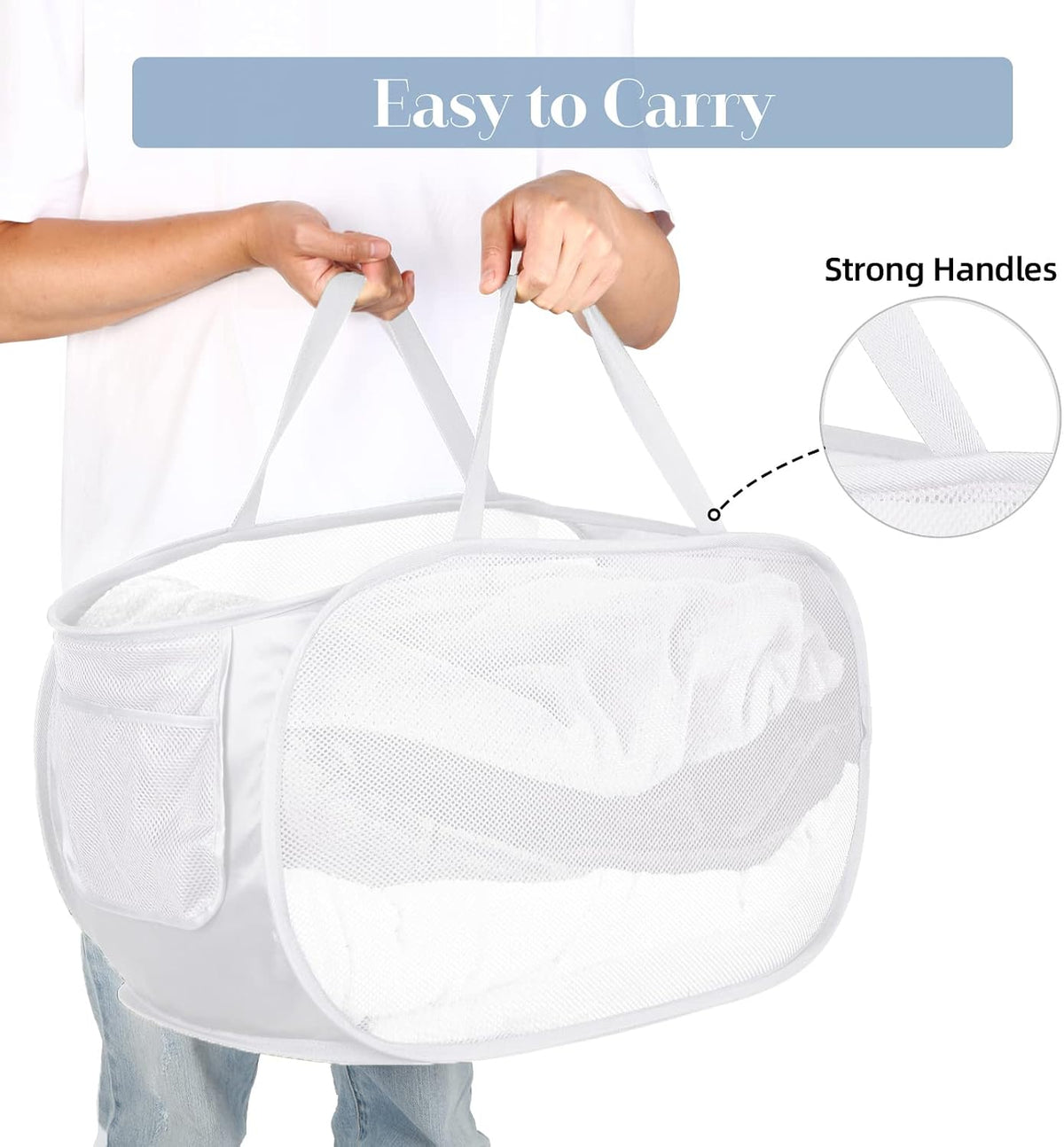 Durable Collapsible Laundry Baskets, Mesh Pop Up Laundry Hamper with Side Pocket, Foldable Clothes Storage Hamper with Reinforced Carry Handles for Laundry, Bathroom, Kids Room, Dorm or Travel Grey