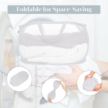 Durable Collapsible Laundry Baskets, Mesh Pop Up Laundry Hamper with Side Pocket, Foldable Clothes Storage Hamper with Reinforced Carry Handles for Laundry, Bathroom, Kids Room, Dorm or Travel Grey