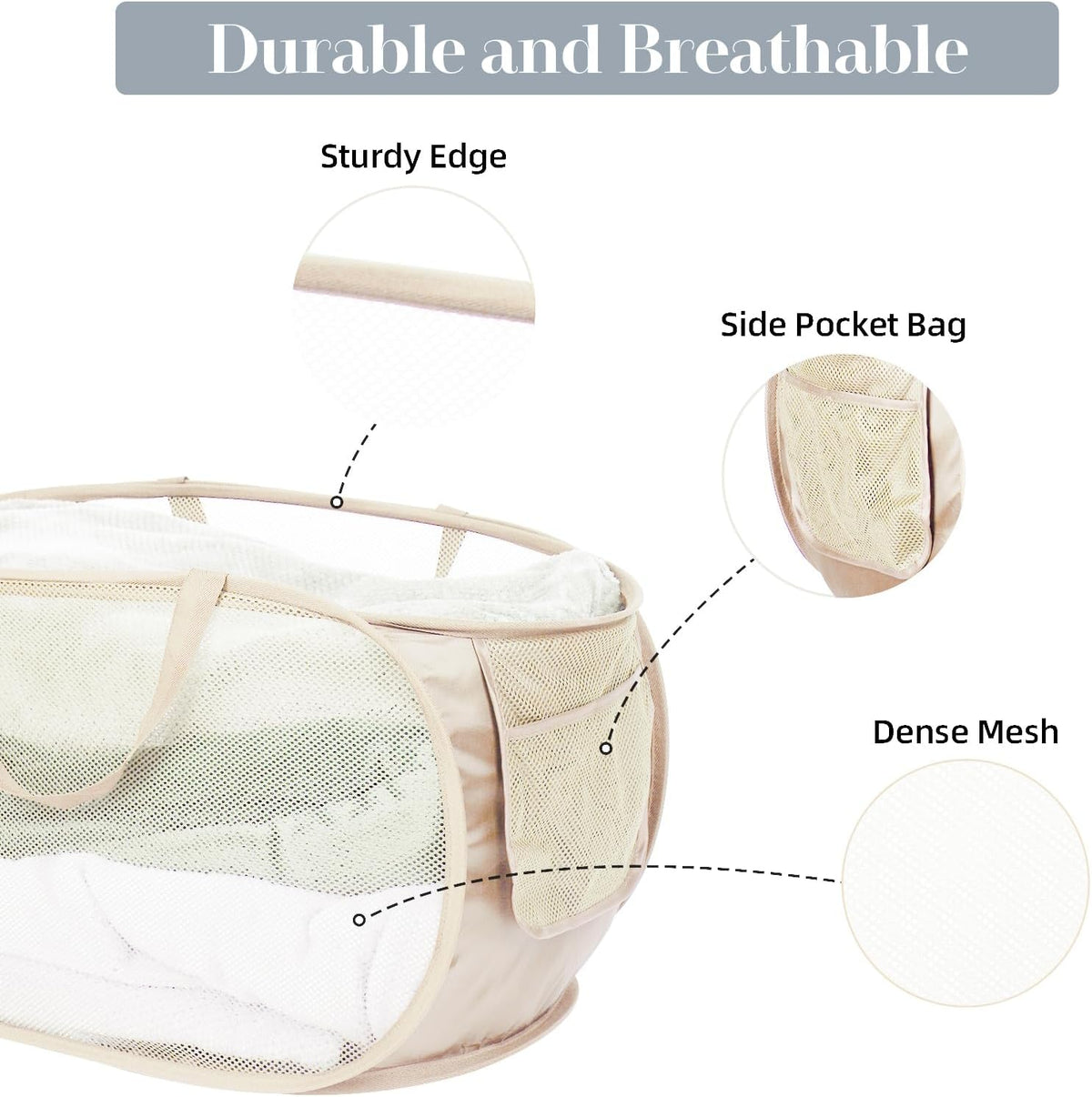 Durable Collapsible Laundry Baskets, Mesh Pop Up Laundry Hamper with Side Pocket, Foldable Clothes Storage Hamper with Reinforced Carry Handles for Laundry, Bathroom, Kids Room, Dorm or Travel Grey